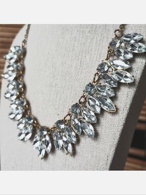 Heavy Yellow Gold Tone Plating Marquis Rhinestone Statement Necklace Unsigned